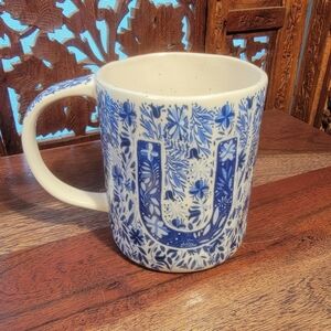 Anthropologie Folk Song Monogram Mug "U" Blue Floral